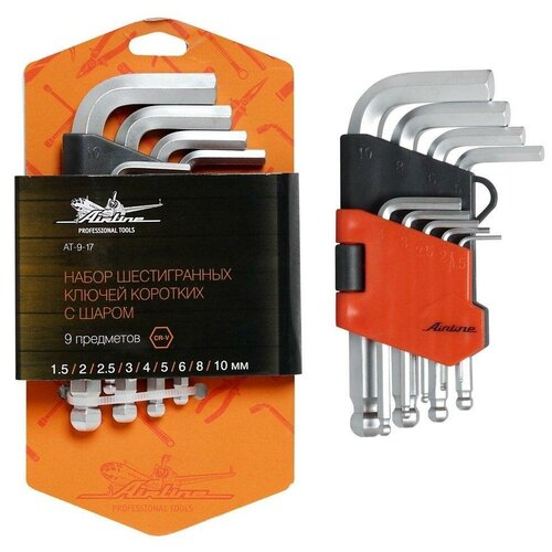фото Набор шестигранных ключей коротких инбус с шаром 9 предметов (1.5,2,2.5,3,4,5,6,8,10мм) пласт.подвес at-9-17 airline