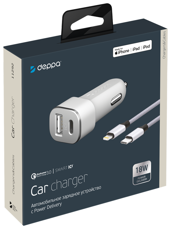 Автомобильное зарядное устройство DEPPA Car charger, USB + USB type-C, 8-pin Lightning (Apple), 3A, белый - фото №2