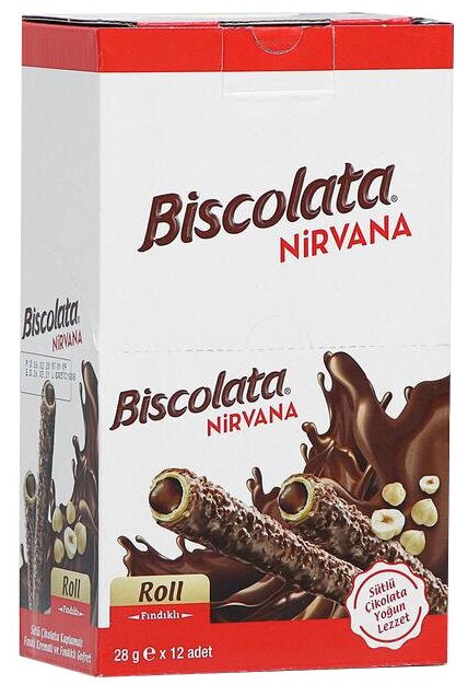 Вафли Biscolata Nirvana Roll c ореховой начинкой в глазури, 28 г, 12 шт. в уп. - фотография № 1