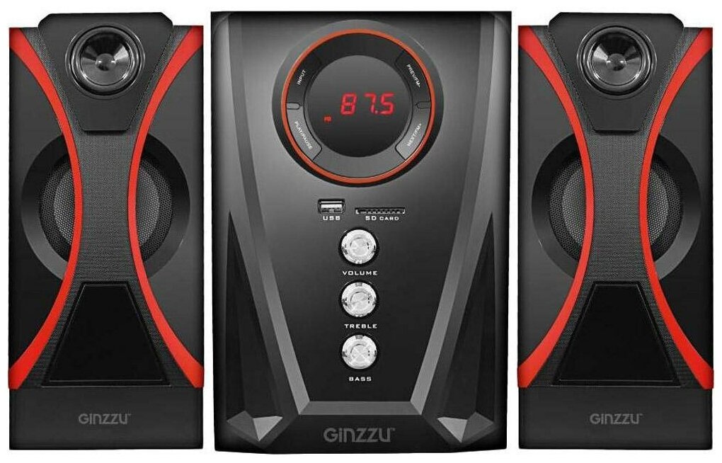 Ginzzu GM-407 2.1 с Bluetooth, выходная мощность 20Вт + 2х10Вт, аудиоплеер USB-flash, SD-card, FM-радио, пульт ДУ - 21 кнопка, стерео вход (2RCA), экв