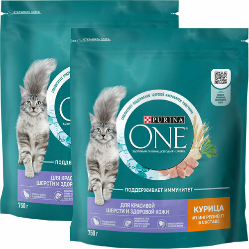 PURINA ONE для взрослых кошек с чувствительной кожей и шерстью с курицей и злаками (0,75 + 0,75 кг)