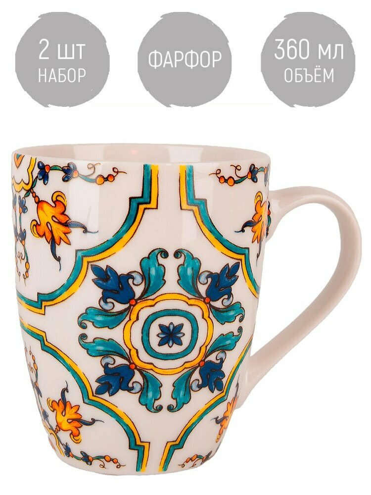 Набор кружек 2 шт "Сицилия", 12х8х10 см, объем 360 мл, фарфор, Nouvelle, белый/желтый/синий/зеленый