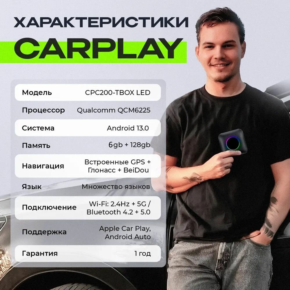 Беспроводной CarLink CarPlay TBox, Ai Box Rus - Память 8+128Gb - Процессор 8-ядерный Qualcomm - 4G (Sim) — фото 1