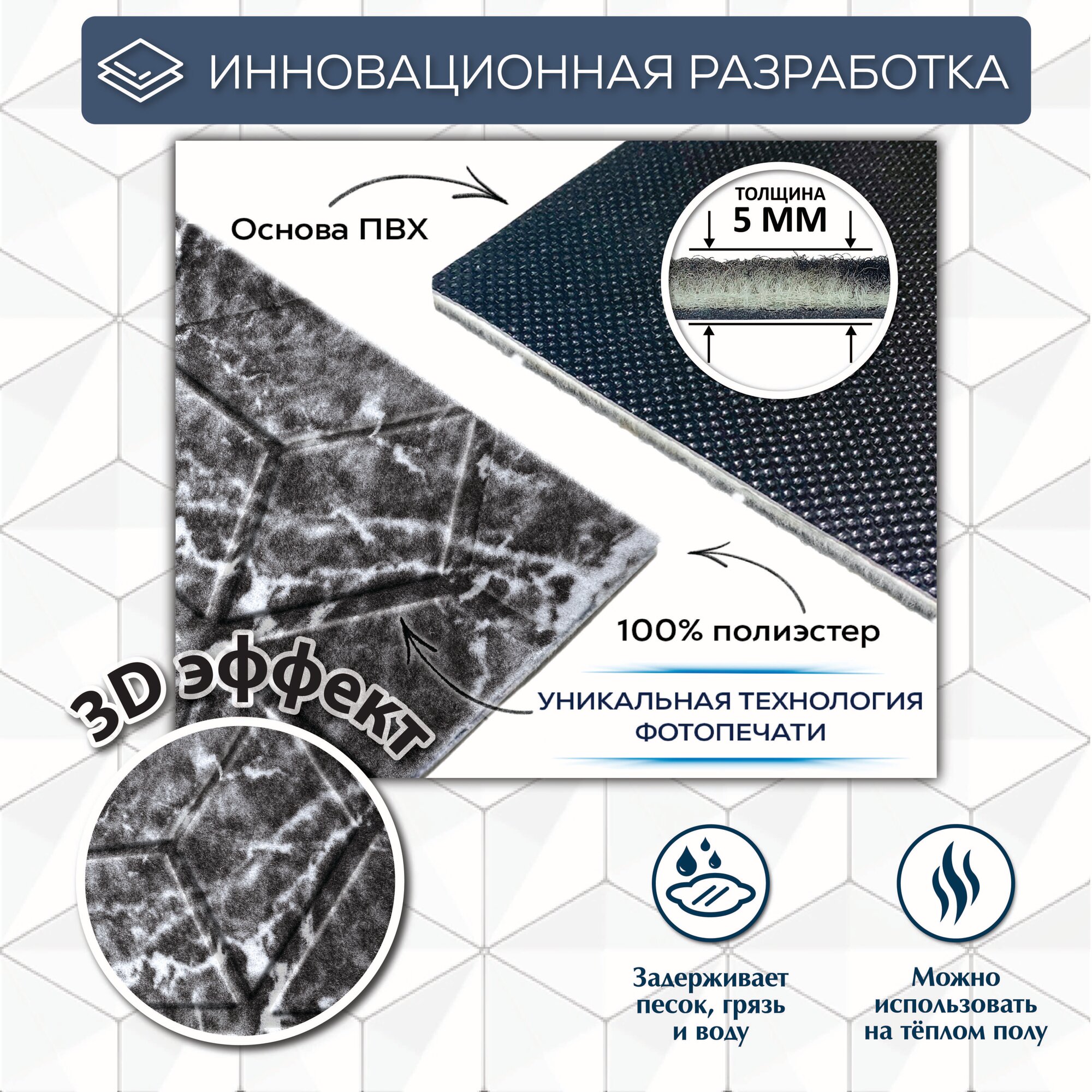 Коврик придверный вырезной с тиснением соты SHAHINTEX DIGITAL PRINT 60х120 Мрамор серый — фото 1