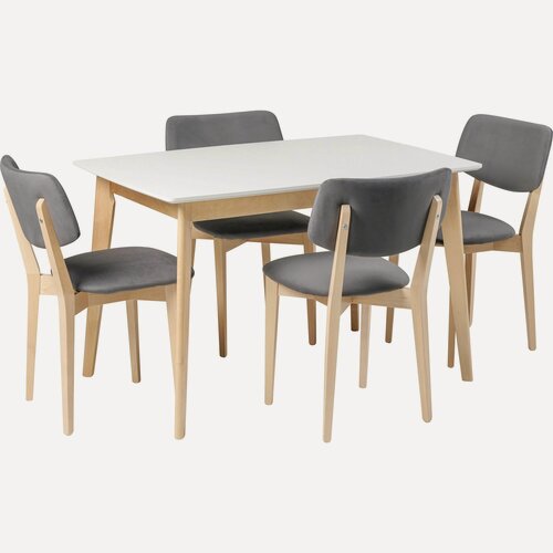 Изображение товара Обеденная группа стол раскладной Норден 120(160) х 80 см, Белый/Натуральный и 4 стула Мэти Натуральный/Серый велюр