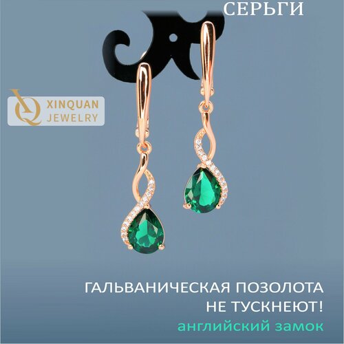 фото Серьги xinquan jewelry, изумруд синтетический, фианит, искусственный камень, золотой, бесцветный, зеленый