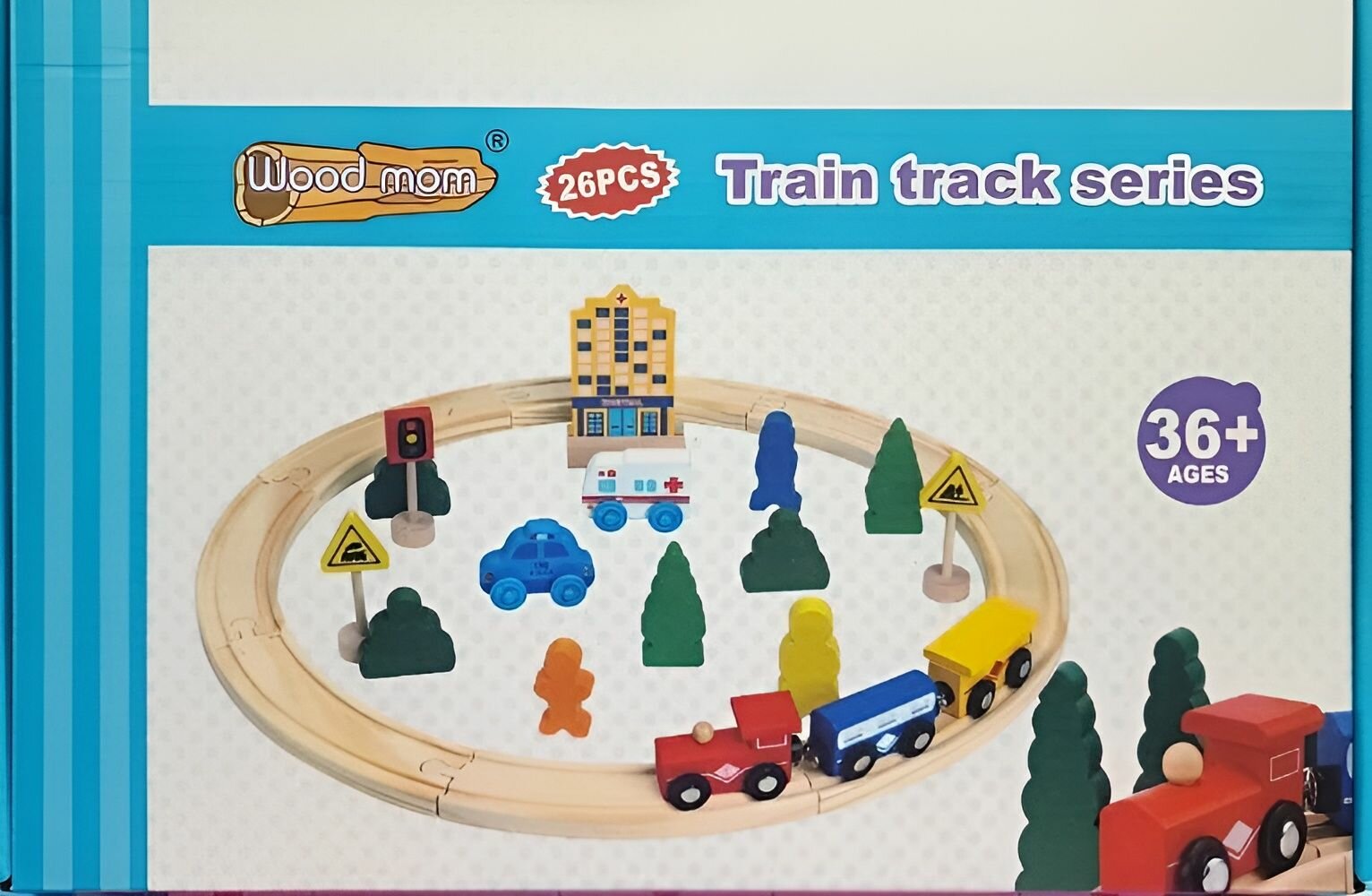 Деревянная детская развивающая железная дорога с паровозом на магнитах и дополнительными аксессуарами 26 деталей