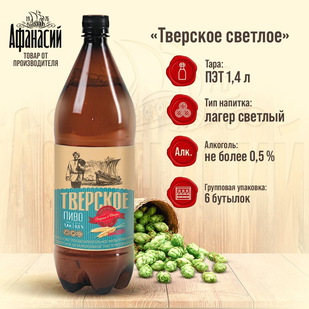 Пиво безалкогольное Афанасий Тверское светлое 1,4л, 6 бутылок.