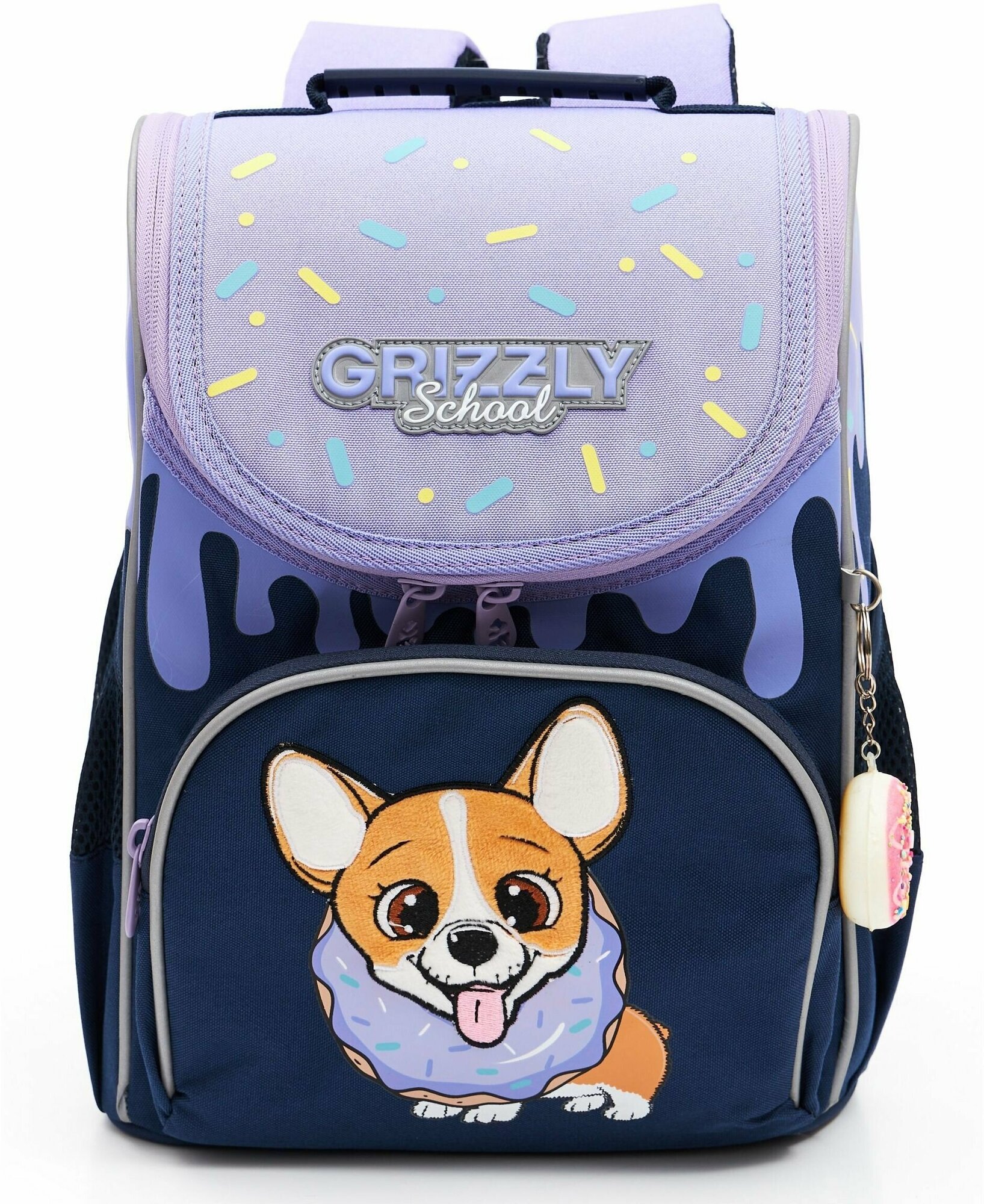 Ранец GRIZZLY анатомическая спинка, с мешком для обуви, для девочек, "CORGI", 33х25х13 см, RAm-384-3/3