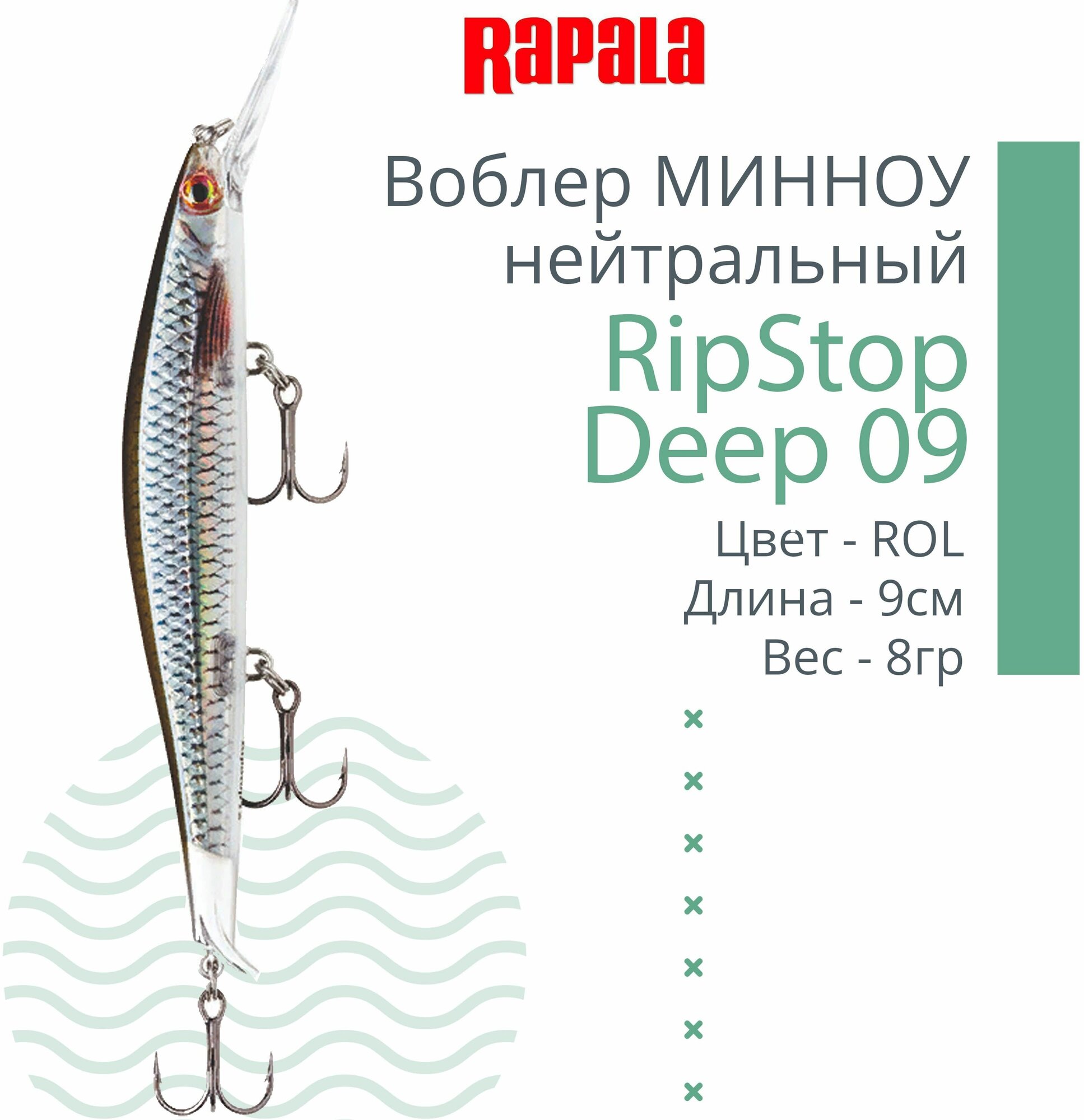 Воблер для рыбалки RAPALA RipStop Deep 09, 9см, 8гр, цвет ROL, нейтральный