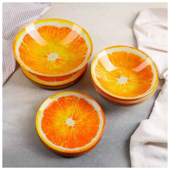Набор тарелок стеклянных Доляна «Сочный апельсин», 19 предметов: 6 десертных тарелок, 6 обеденных тарелок, 6 мисок, салатник