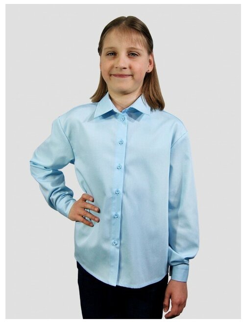 Школьная рубашка IRINA EGOROVA, прямой силуэт, на пуговицах, длинный рукав, размер 140, голубой