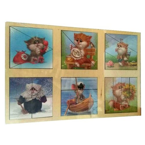 Деревянный набор разрезных пазлов:Котики и мышонок ПСД118 Ань-Янь