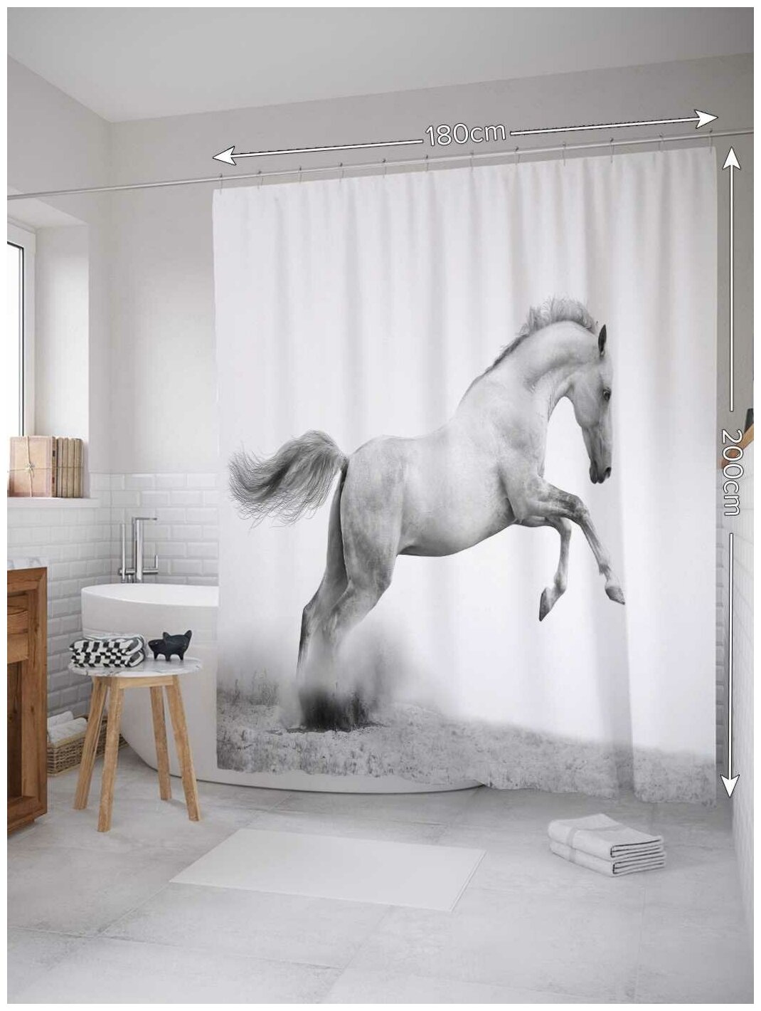 Штора водоотталкивающая для ванной, занавеска в ванную комнату тканевая JoyArty "Прыгучая лошадь", 180х200 см