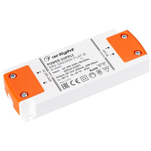 фото Блок питания arv-sn24020-flat-b (24v, 0.83a, 20w) (arlight, ip20 пластик, 3 года)