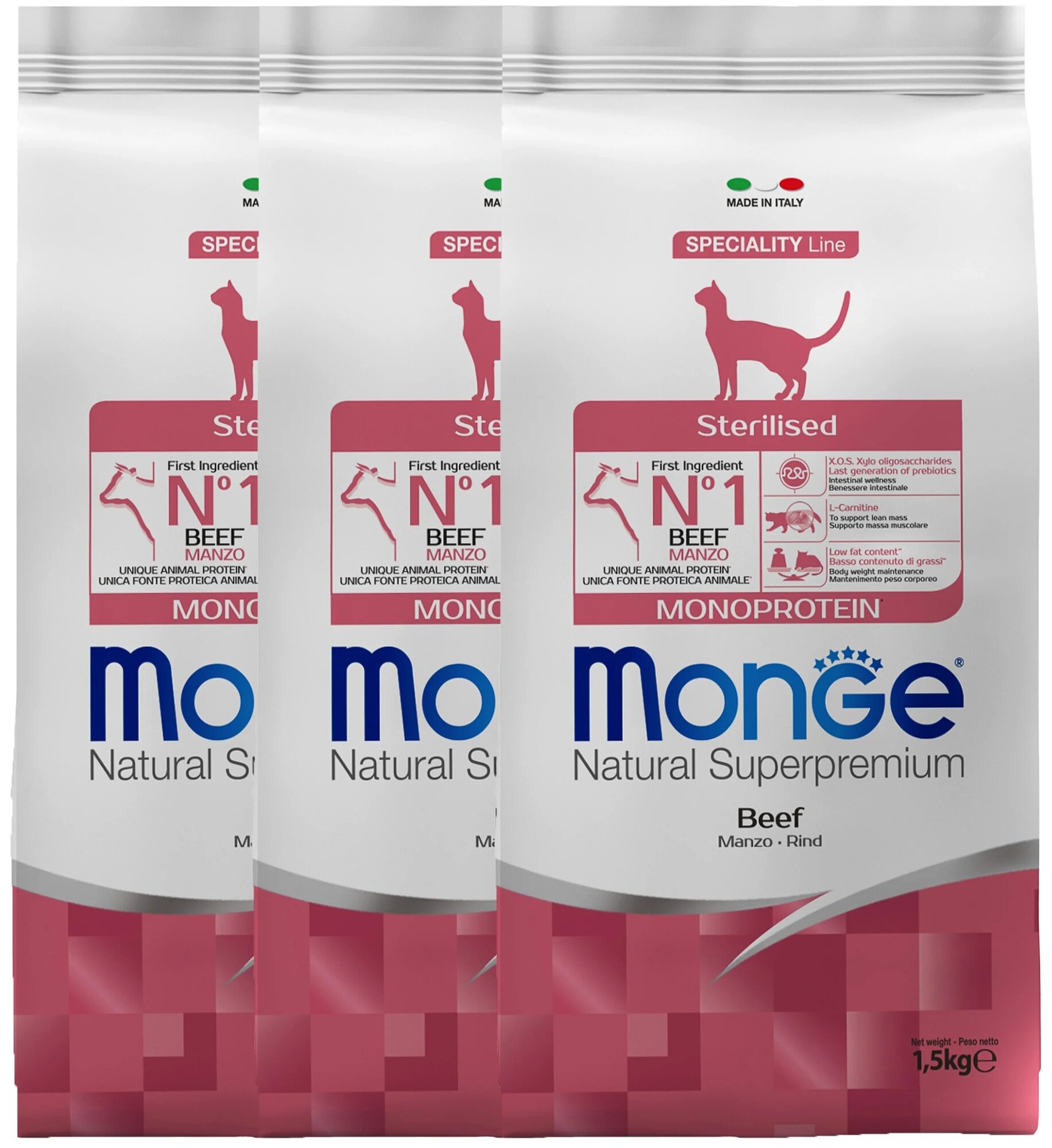 Сухой корм для стерилизованных кошек Monge Monoprotein, , с говядиной 3 шт. х 1.5 кг