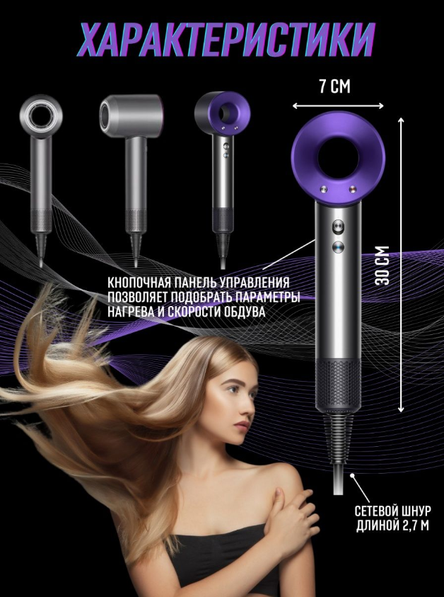 Интеллектуальный фен для волос Super Hair Dryer 1600Вт Для сушки и укладки 3 режима. Профессиональный с магнитными 5 насадками и ионизацией/фиолетовый - фотография № 9