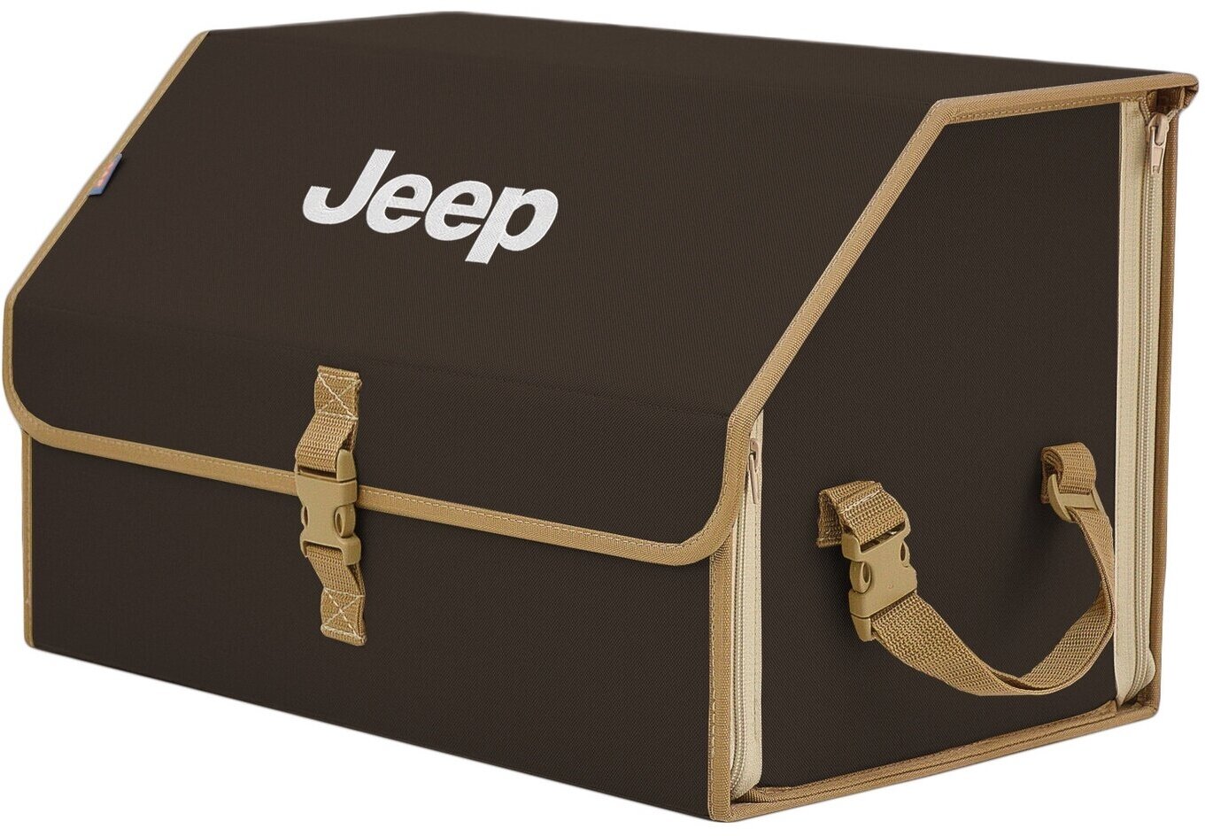 Органайзер-саквояж в багажник "Союз" (размер L). Цвет: коричневый с бежевой окантовкой и вышивкой Jeep (Джип).