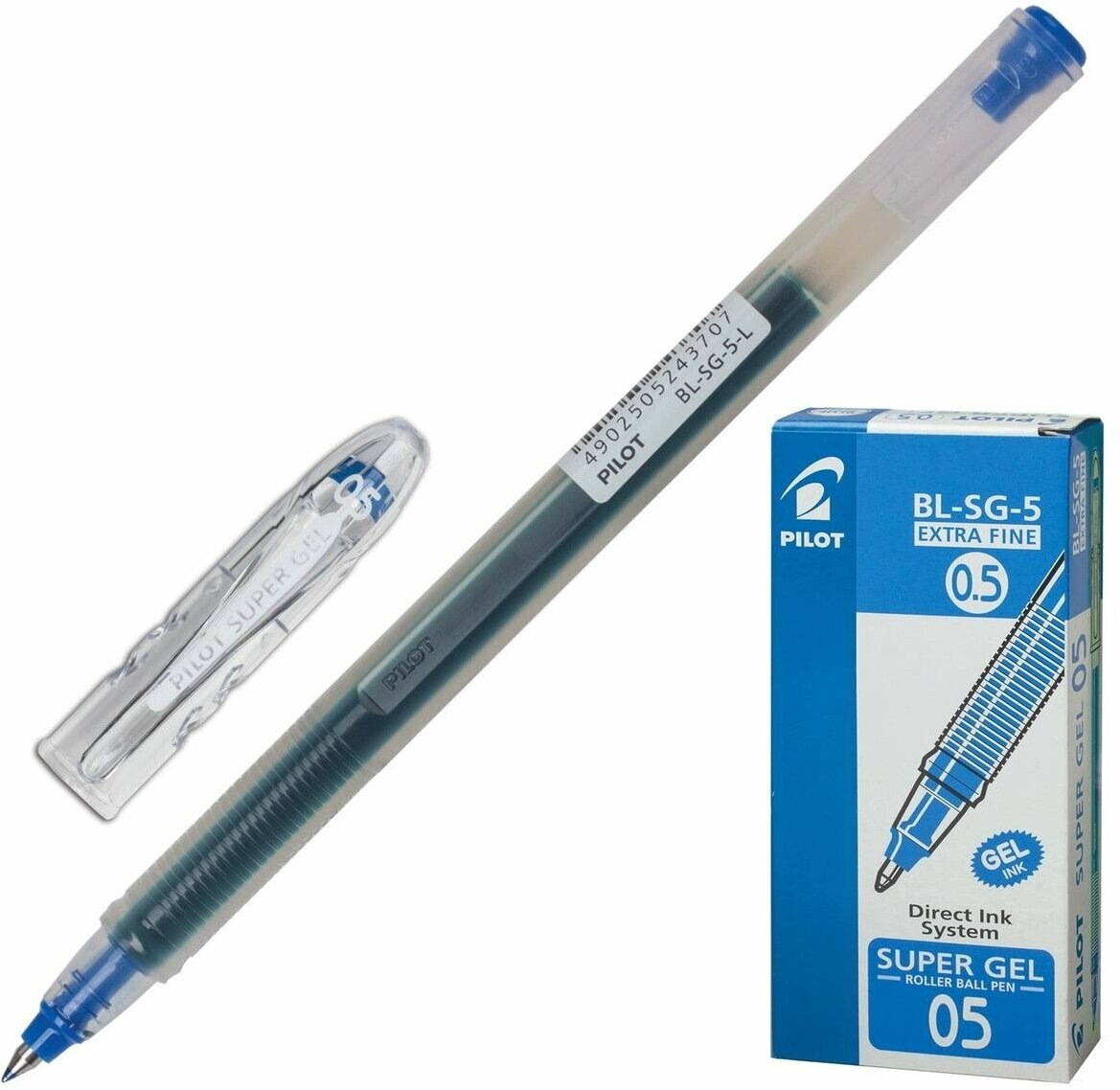 Ручка гелевая Pilot Super Gel, корпус прозрачный, узел 0,5 мм, линия 0,3 мм, синяя (BL-SG-5)
