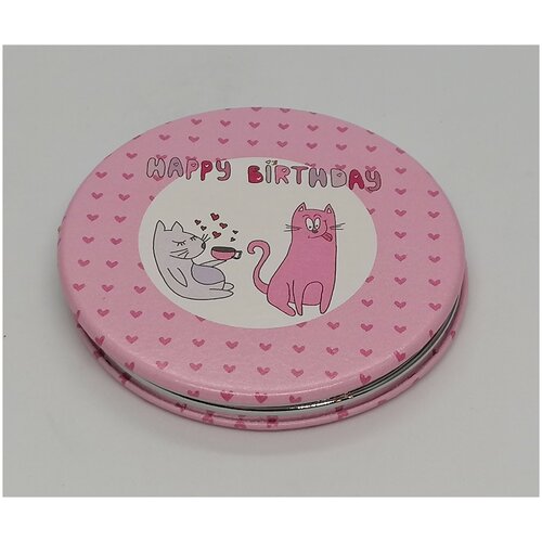 Зеркало кожанное, круглое Коты Happy Birthday