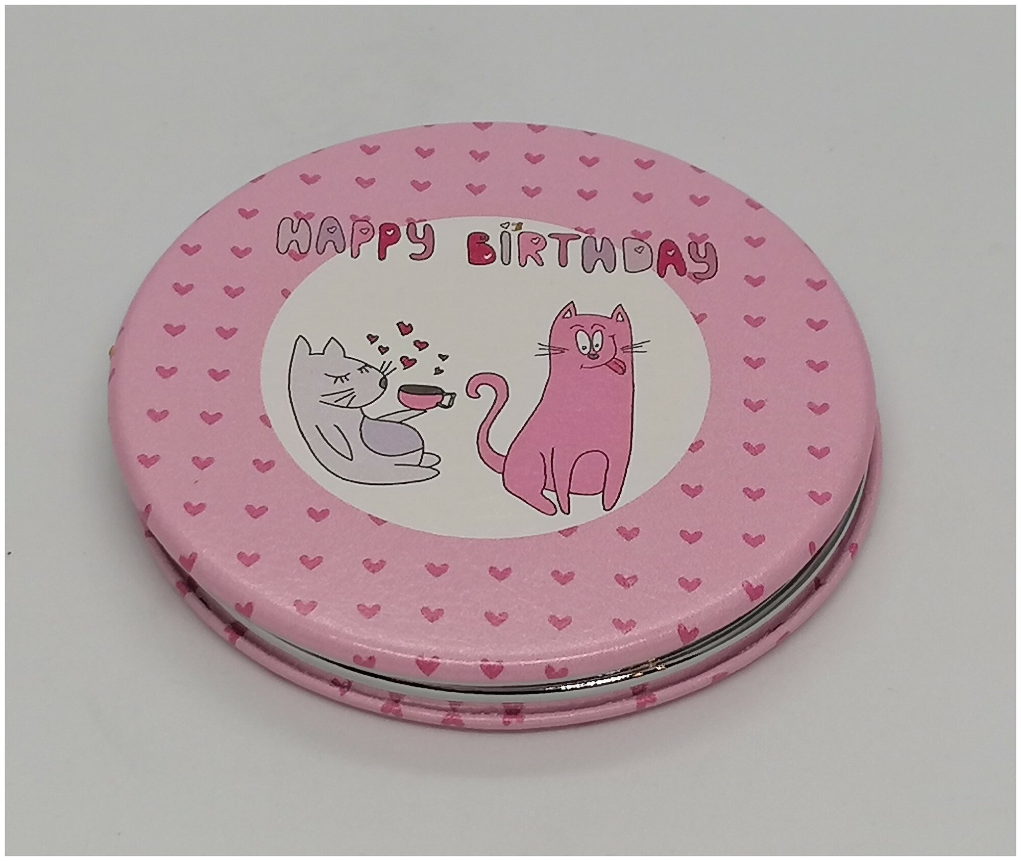 Зеркало кожанное, круглое "Коты Happy Birthday"