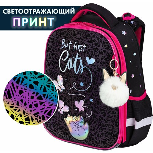 Ранец BRAUBERG LUMINOUS, 2 отделения, с брелоком, Cats first, светящийся рисунок, 38х29х16 см, 271367