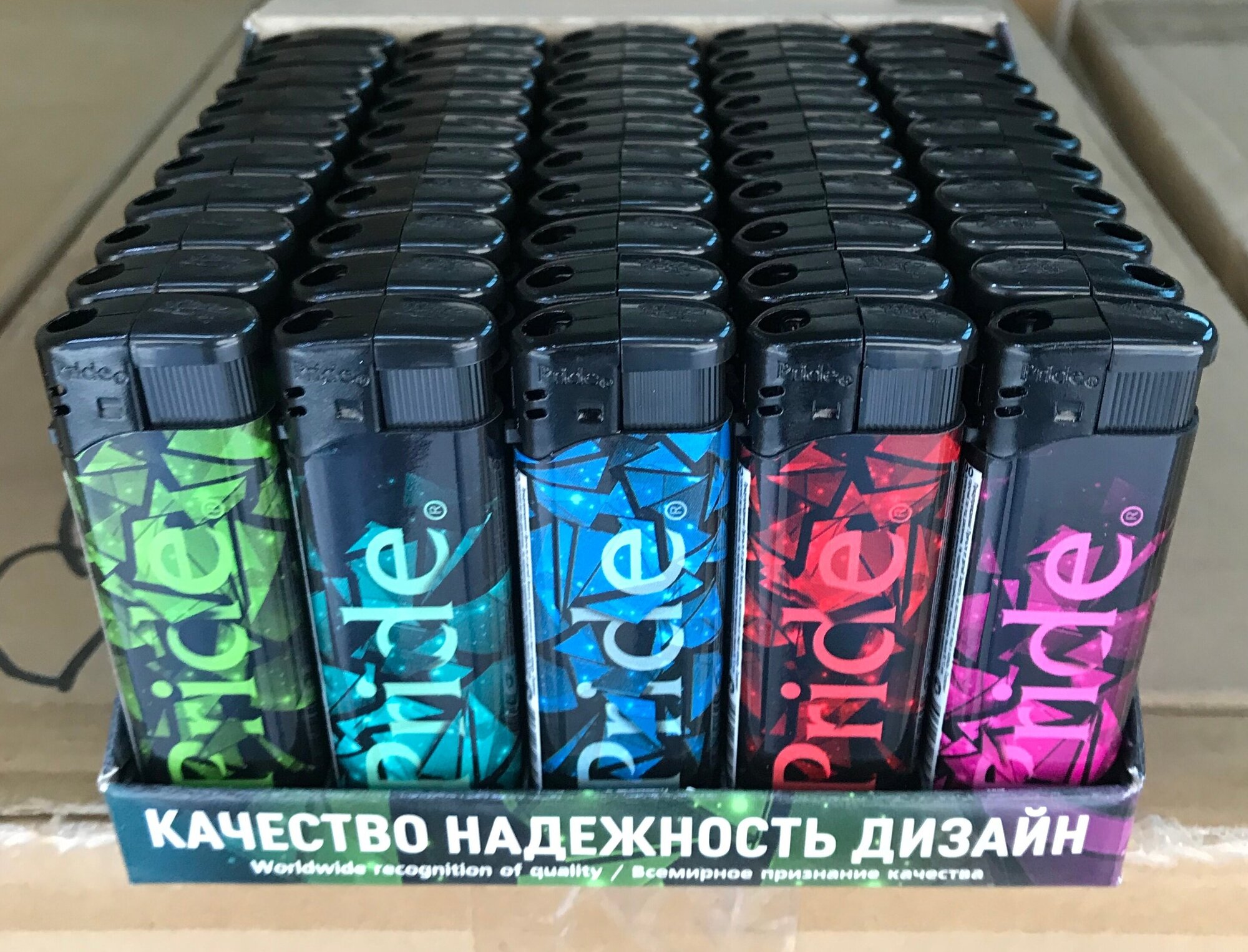 Зажигалка пьезо заправляемая Pride E-100 Colored Shards High Standard Quality 50 шт