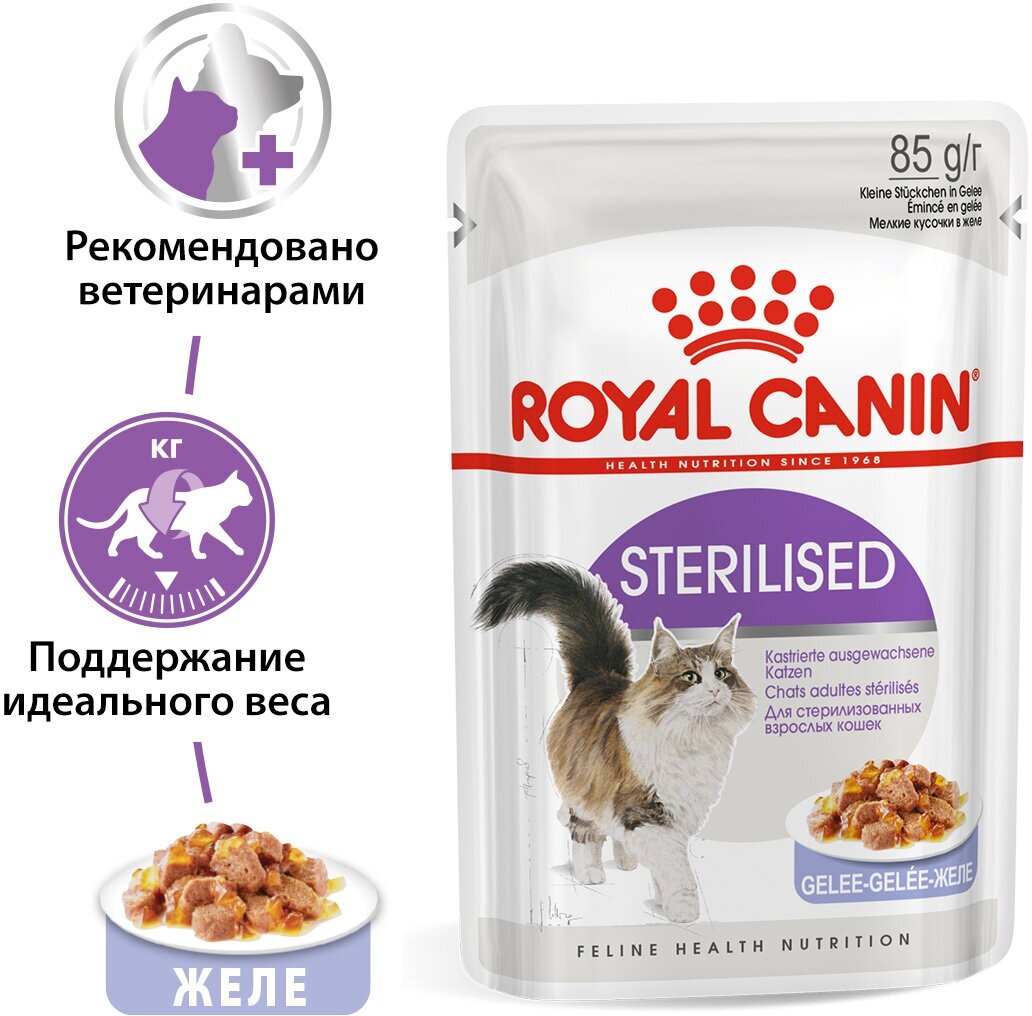 Влажный корм желе для кошек Royal Canin Sterilised (Стерилайзд) для стерилизованных кошек в возрасте от 1 до 7 лет, 28x0.085кг