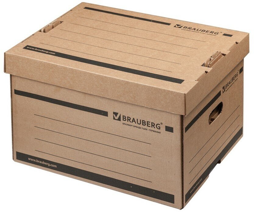 Короб архивный BRAUBERG, 26,5x40,5x33 см, надстраиваемый, с крышкой, картон, бурый