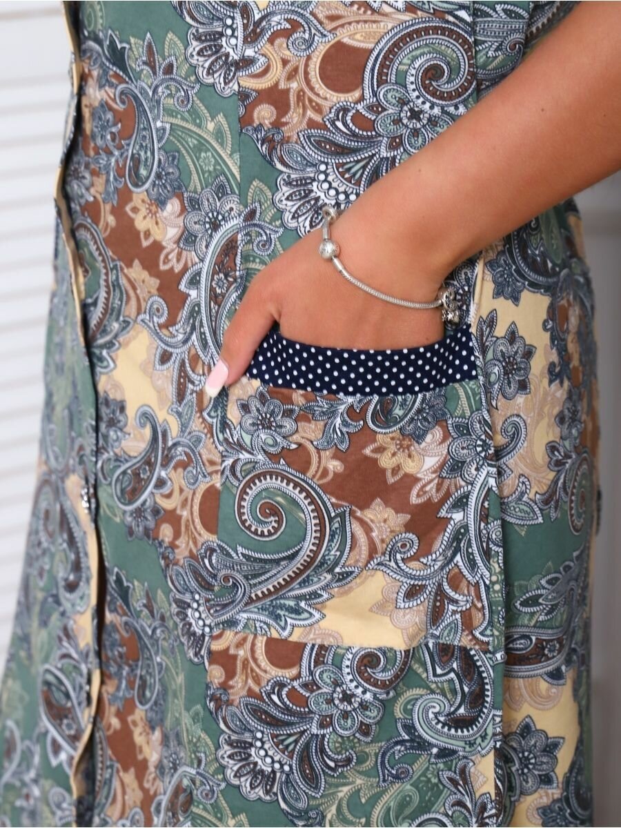 Халат Инсар Текстиль удлиненный, застежка пуговицы, короткий рукав, карманы, размер 50-52, зеленый - фотография № 10