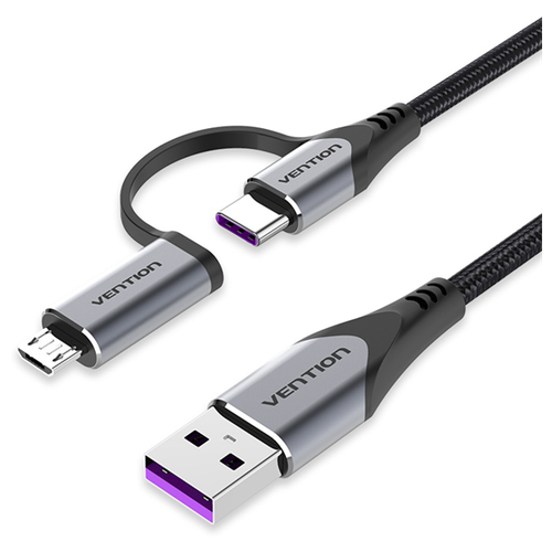 Переходник Vention USB 2.0 A Male to 2-in-1 USB-C&Micro-B Male 5A Cable 1M Gray Aluminum Alloy Type (CQFHF) переходник vention usb 3 0 a male to c male cable 1m black pvc type cozbf