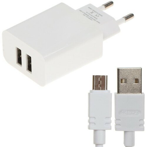 Сетевое зарядное устройство BYZ B35, 2 USB, 2.1 A, кабель microUSB 1 м, белое