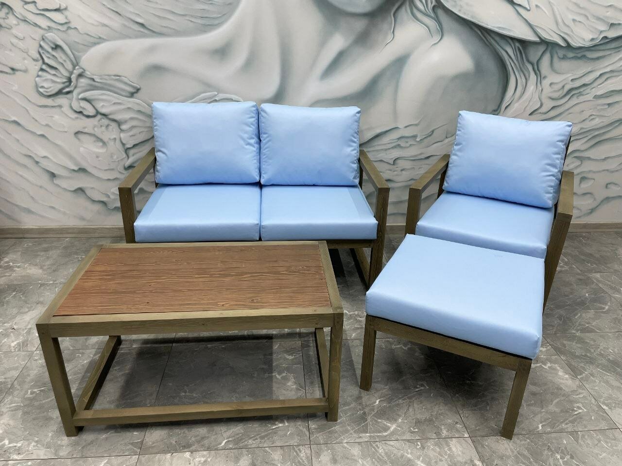 Комплект садовой мебели (диван, кресло, стол, пуфик), цвет: голубой 2.0 - фотография № 3