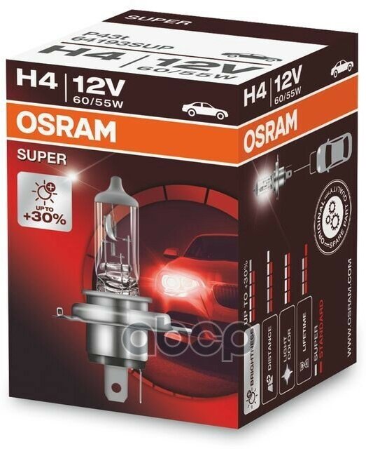 Лампа H4 12V 60/55W Super +30% P43t, Карт.1 Шт. Osram арт. 64193SUP