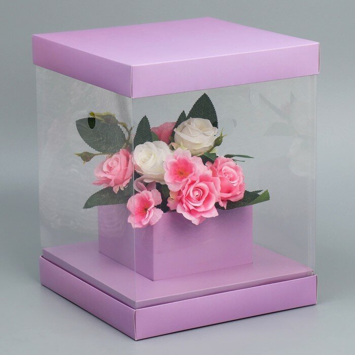 Дарите Счастье Коробка подарочная для цветов с вазой и PVC окнами складная, упаковка, «Лаванда», 23 х 30 х 23 см