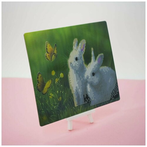 Алмазная мозаика Кролики, частичная выкладка, пластиковая подставка, 21*25 см