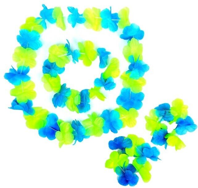 Гавайский набор "Цветочки", ( ожерелье, венок 2 браслета), цвет зеленый