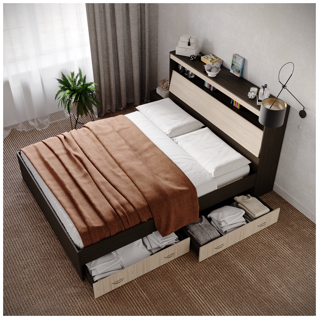 Кровать Виктория 160х200 венге/дуб с прикроватным блоком и ящиками