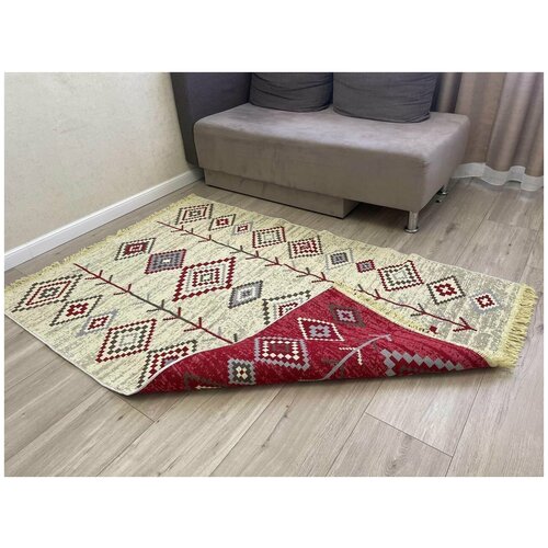 Турецкий хлопковый двусторонний ковер килим 120 см на 180 см/ ковер в гостинную / ковер в детскую / ковер на кухню / экокилим Musafir Home