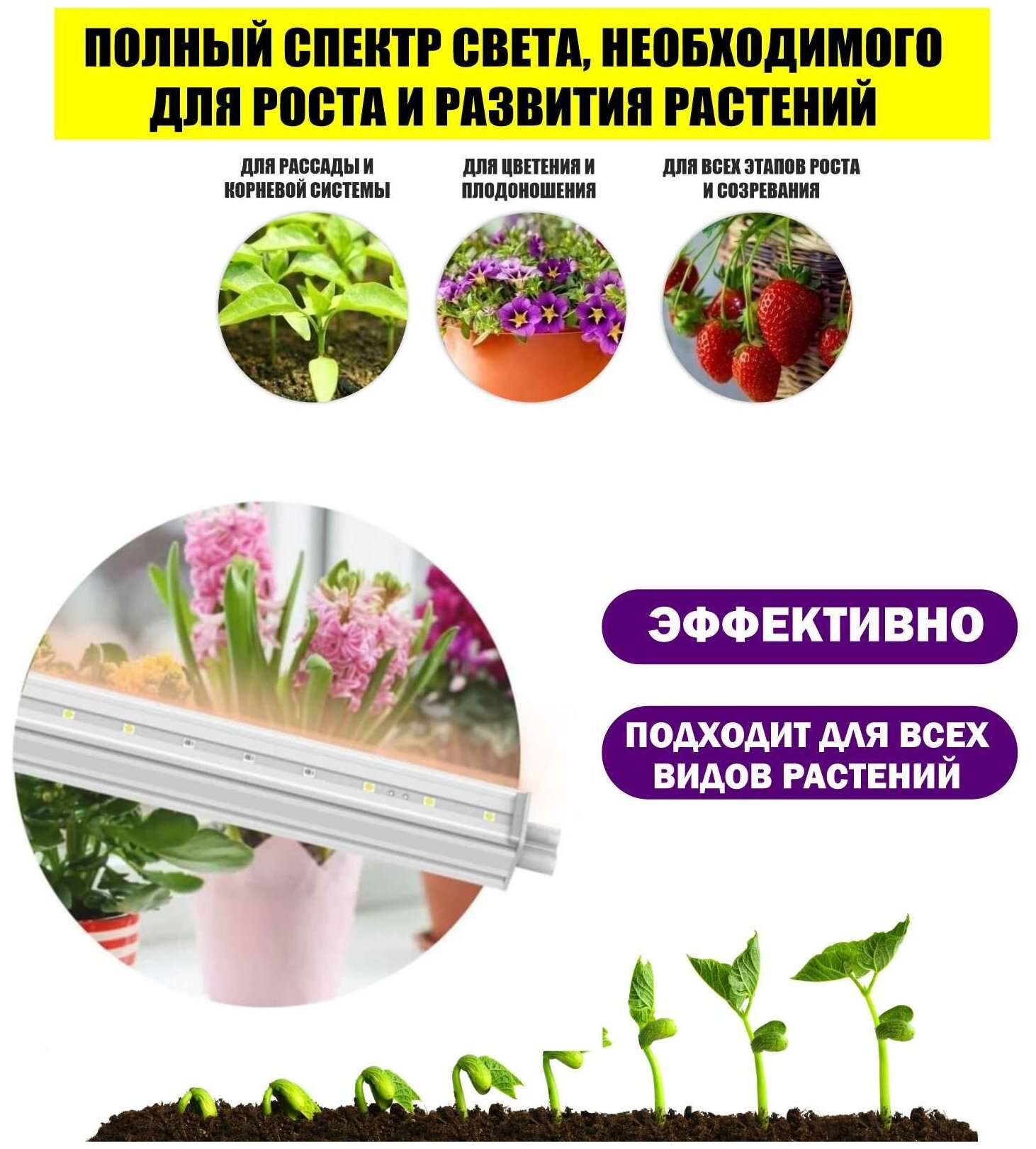 Фитолампа для растений, LED светильник с розовым свечением, 59 см, 2 шт с возможностью последовательного соединения - фотография № 2