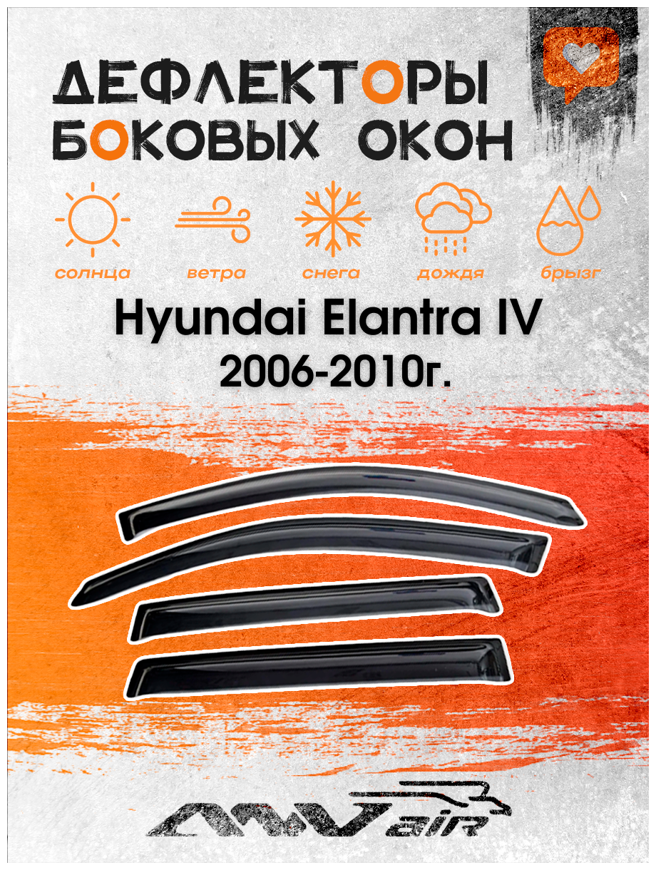 Дефлекторы боковых окон на Hyundai Elantra IV (HD) 2006-2010г. / Ветровики на Хендай Элантра