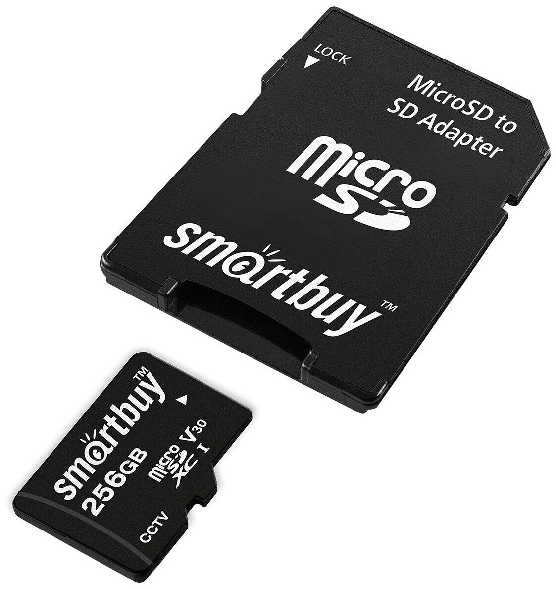 Micro SDXC карта памяти Smartbuy 128GB cl10 U3 V30 для видеонаблюдения (с адаптером SD)
