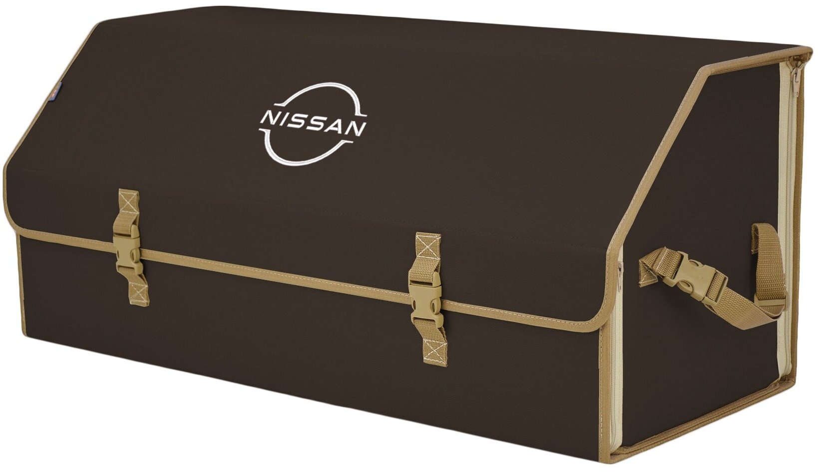 Органайзер-саквояж в багажник "Союз" (размер XXL). Цвет: коричневый с бежевой окантовкой и вышивкой Nissan (Ниссан).