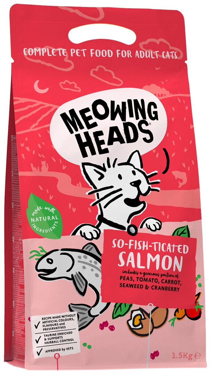 MEOWING HEADS Фиш-гурман для взрослых кошек с лососем, курицей и рисом (1,5 кг)