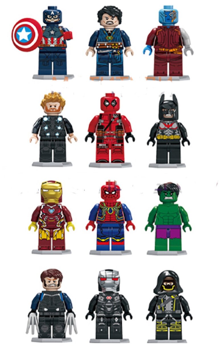 Набор супергерои 12 фигурок Стражи Галактики, Капитан Америка, Дедпул, Бетмен, Железный человек, Халк, Спайдер Мен, Рассомаха