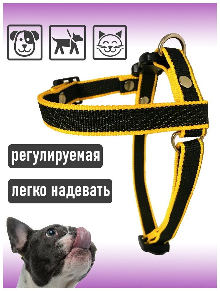 Шлейка для собак Petsare обхват груди 44-60 см, черный желтый кант - фотография № 3