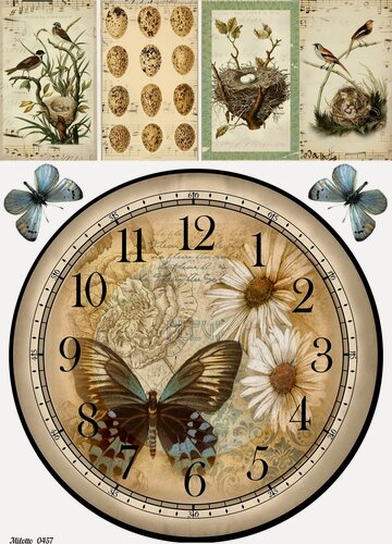 Изображение товара Декупажная карта А4 рисовая бумага тонкая часы бабочка циферблат