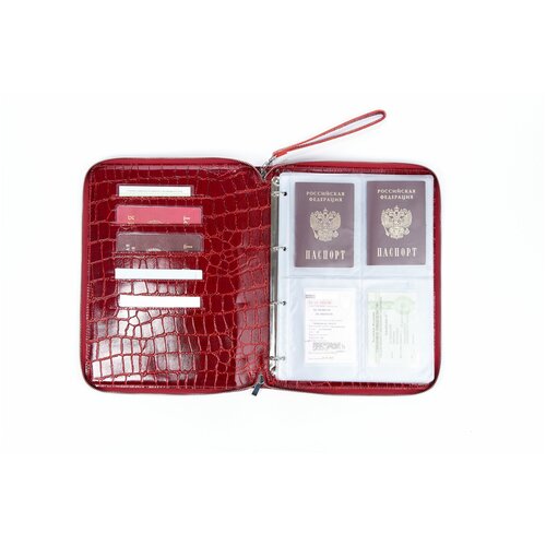 фото Папка органайзер натуральная кожа для документов cartella на кольцах и молнии, красный крокодил лак bernardo rossi
