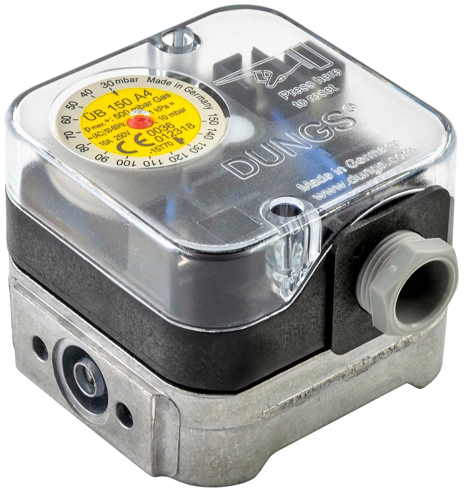 Датчик-реле давления газа максимум с кнопкой сброса и ааврийной индикацией DUNGS UB 150 A4 арт.138630 1/4" P max=500 mBar 30-150mbar