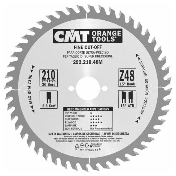 Пильный диск по дереву Cmt 292.210.48M, 210X30X2,8/1,8 15° 15° ATB Z=48